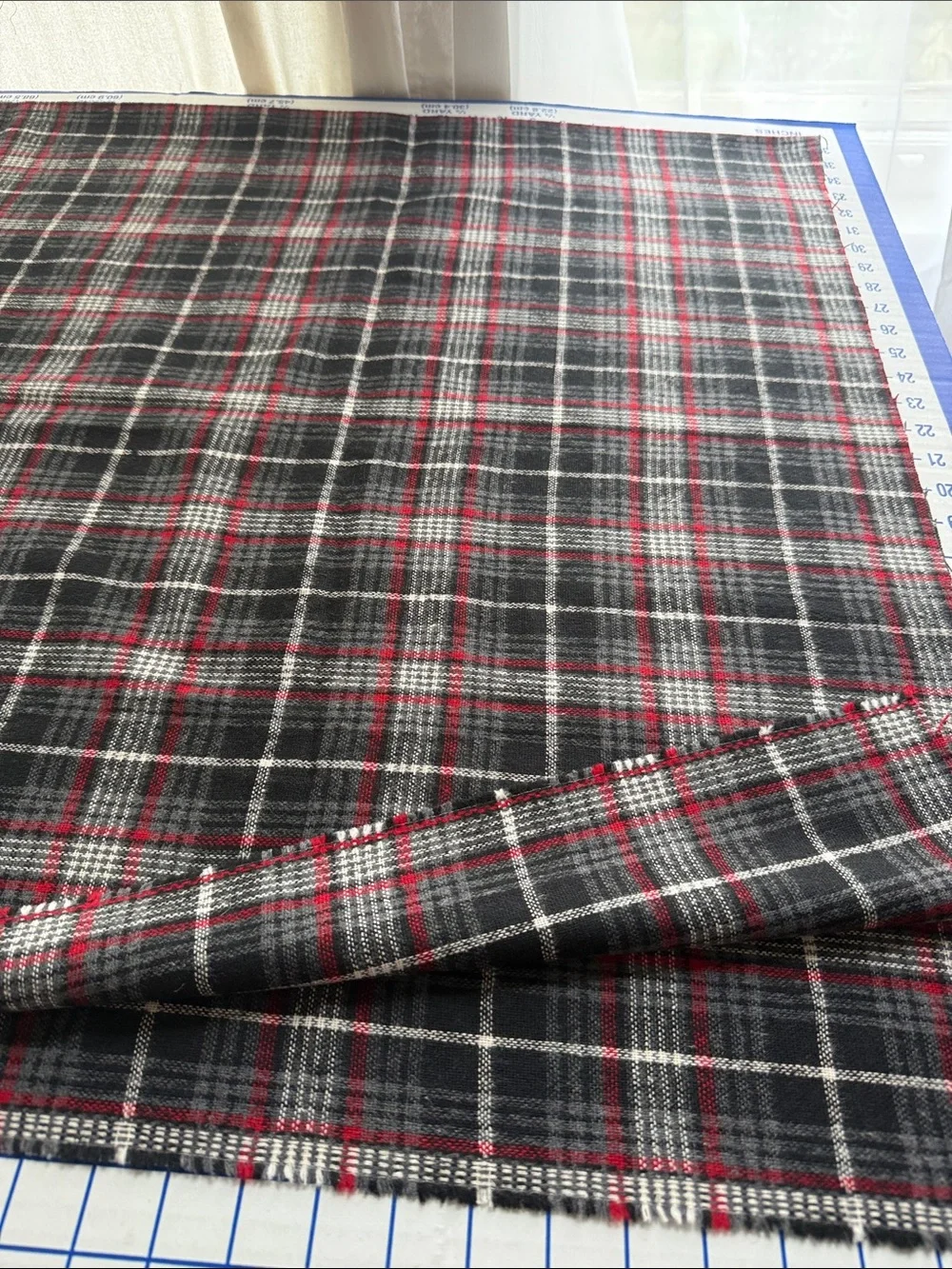 Vintage Wool or Blend Plaid Fabric 1 1/3 Yds x 60 Charcoal Red Ivory Soft